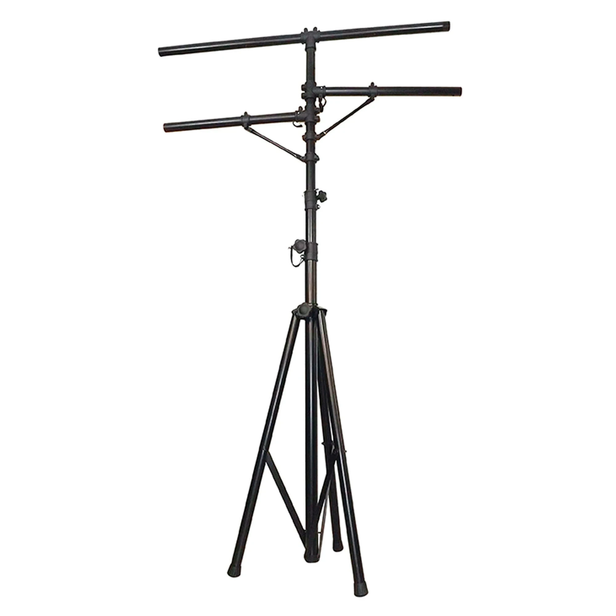 SOPORTE DOBLE TUso: Diseñado para montar y sostener equipos de iluminación como focos, luces LED, efectos de luz, etc., en eventos y espectáculos.  Características: Suele contar con una estructura de trípode para estabilidad y barras horizontales dobles para colgar múltiples accesorios de iluminación.  Aplicaciones: Ideal para DJs, bandas, organizadores de eventos y cualquier persona que necesite una solución de soporte de iluminación portátil y versátil. 4