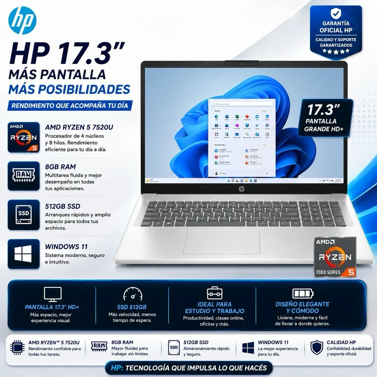 Notebook Hp 17.3" (Amd Ryzen 5-7520u | 8Gb Ram | 512Gb Ssd | Windows 11