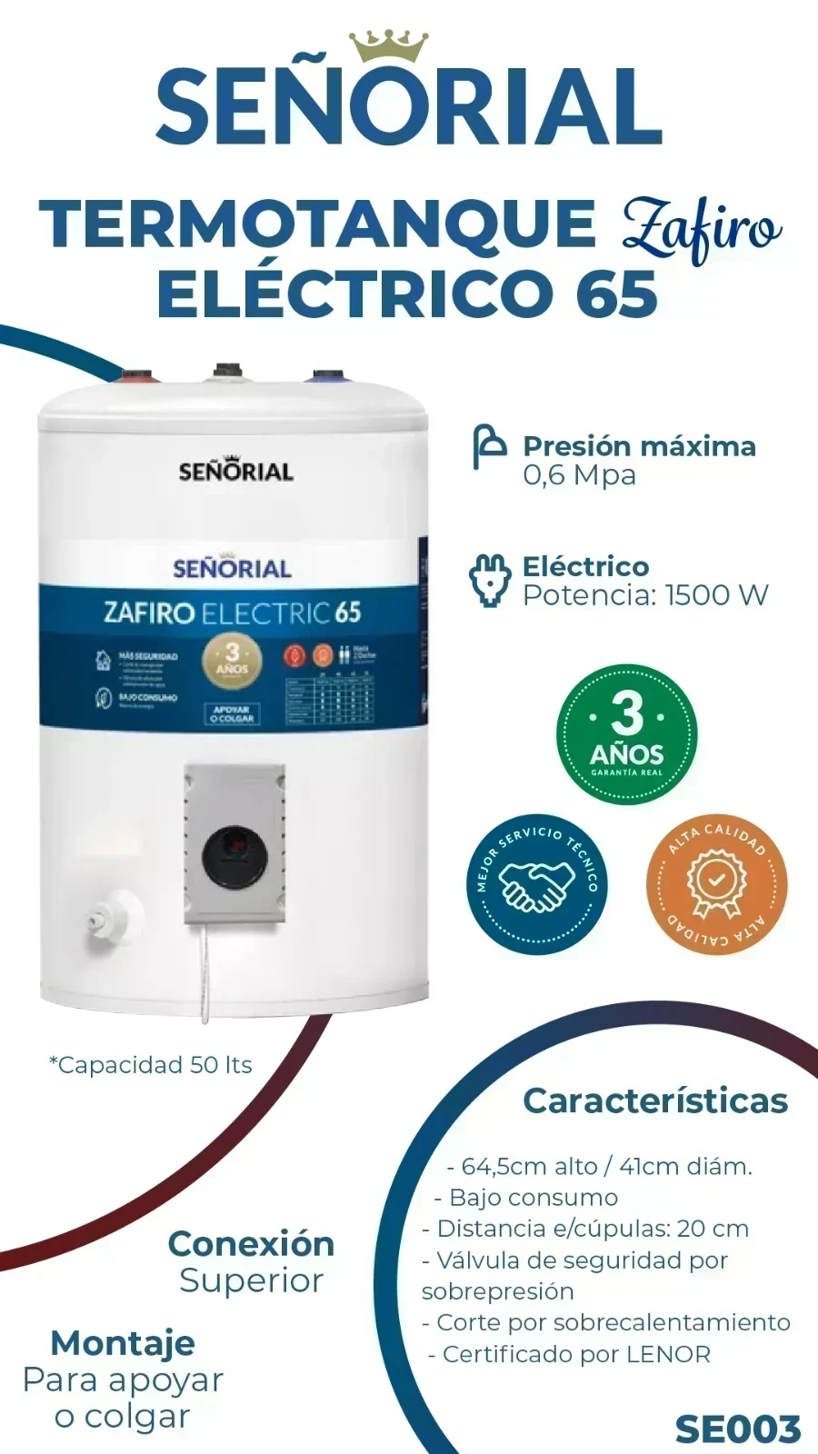 TERMOTANQUE SEÑORIAL ZAFIRO ELECTRICO 65LTS