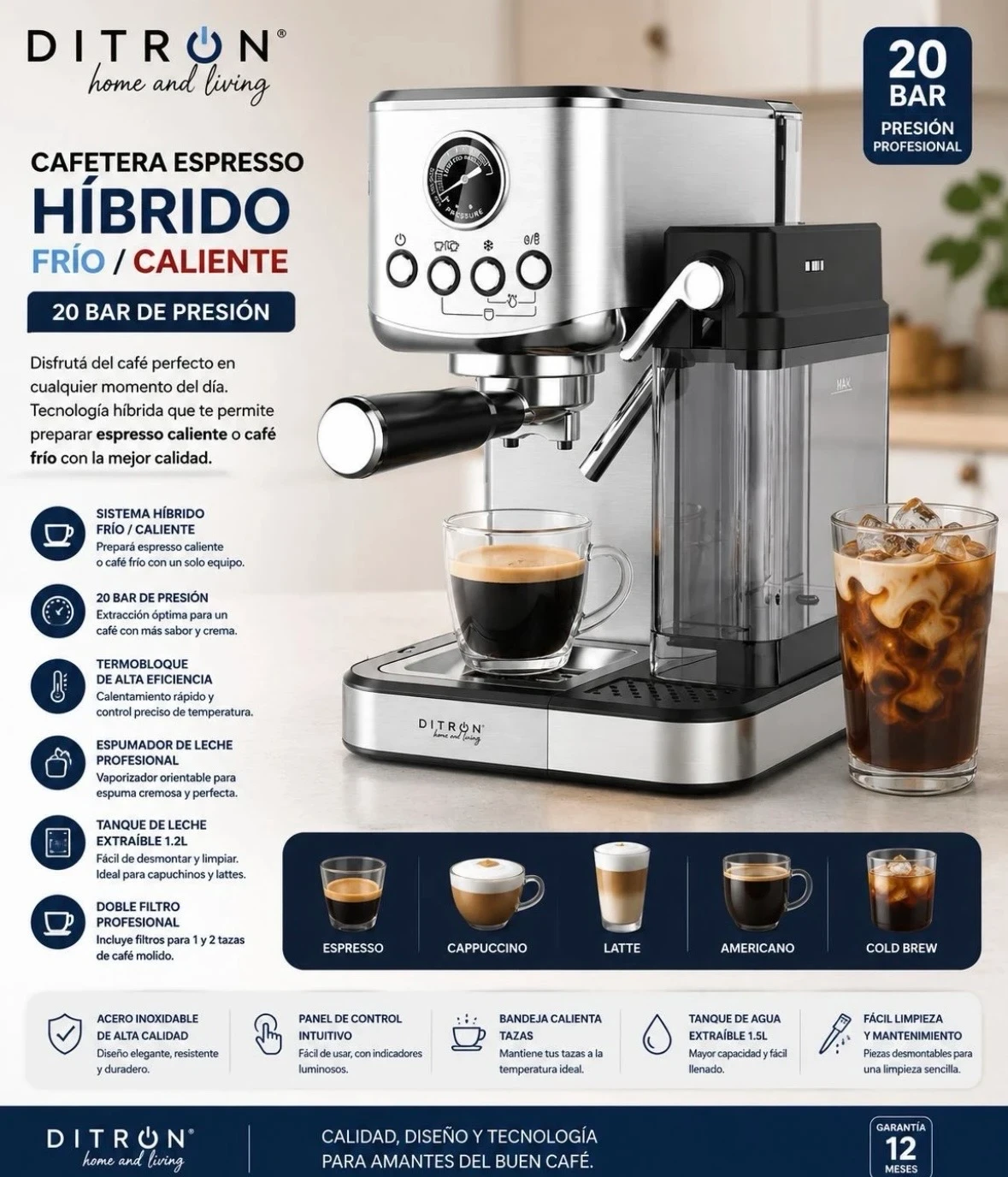 Cafetera Espesso Ditron Hibrido  Frio/caliente 20bar Acero