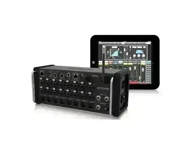 CONSOLA DIGITAL MIDAS MR18 Mezclador Digital Mezcla digital  40 bits proporciona 112dB de rango dinámico Interfaz de audio completa de 18 canales para grabación y reproducción. La mezcla automática estilo Dugan maneja perfectamente los niveles de micrófono El DSP integrado incluye 4 procesadores de efectos independientes. Dinámica completa y ecualizador disponible para master estéreo y los 6 buses auxiliares Elija entre los tipos de ecualizador gráfico paramétrico de 6 bandas o de 31 bandas Ultranet admite sistemas de mezcla / mezcladores personales Behringer Powerplay P16 Router Wi-Fi integrado de tres modos para conexiones inalámbricas estables y seguras Las aplicaciones gratuitas de iOS y Android te permiten tomar el control total de tu mezcla El software gratuito y la conectividad Ethernet ofrecen control de PC con Mac, Windows y Linux Agregue control táctil a través de cualquier superficie de control MIDI / USB Incluye orejas de montaje en bastidor para bastidores de equipo estándar de 19″ 2