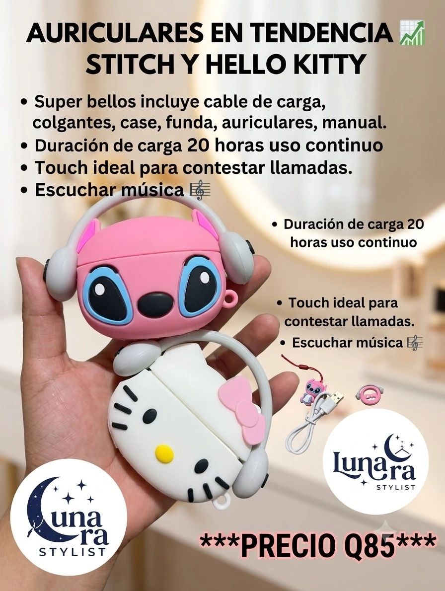 AURICULARES BLUETOOTH CON FUNDA  STITCH Y HELLO KITTY 