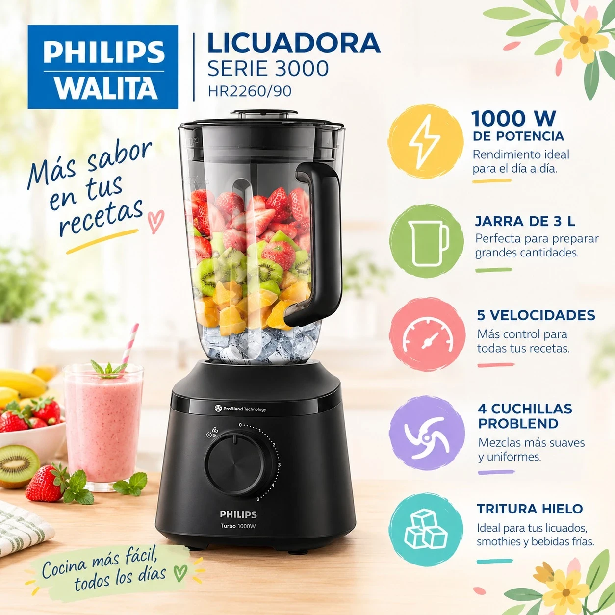 LICUADORA PHILIPS WALITA HR2260/90 1000 W de potencia JARRA DE PLASTICO 3LTS