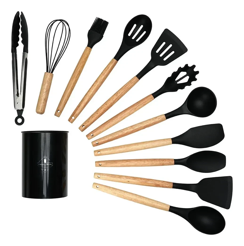 SET DE UTENSILLOS DE SILICONA X12 PIEZAS COLOR NEGRO