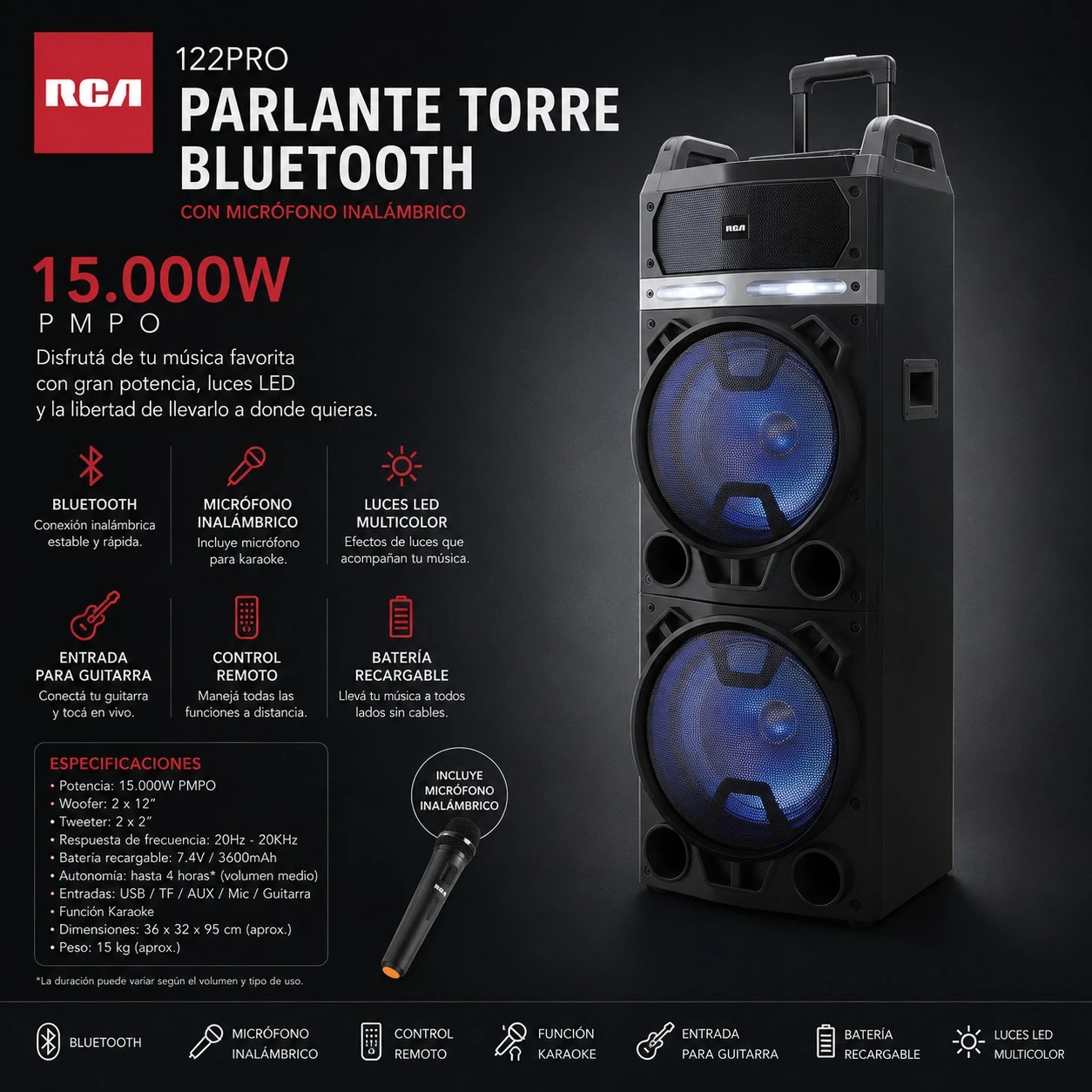 PARLANTE TORRE RCA 15.000 PMPO CON BATERIA + MICROFONO 122PRO