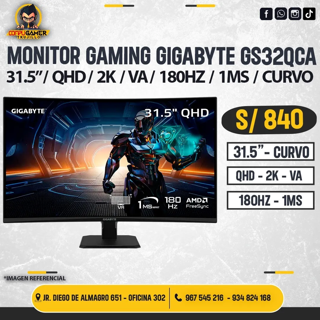 MONITOR GAMING GIGABYTE GS32QCA, 31.5", QHD, 2K, VA, 180HZ, 1MS, CURVO 
