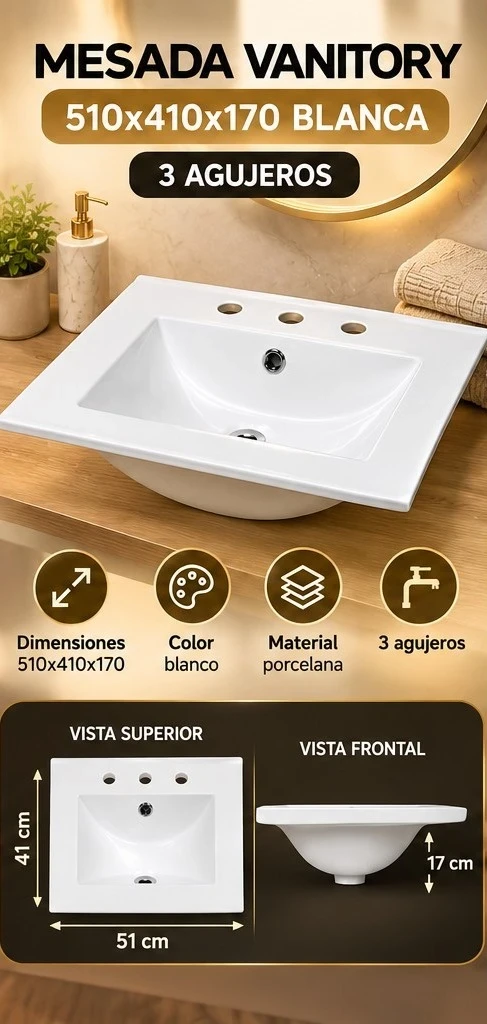 MESADA VANITORY 510×410×170 – 3 AGUJEROS *CONSULTA DISPONIBILIDAD CON EL VENDEDOR*