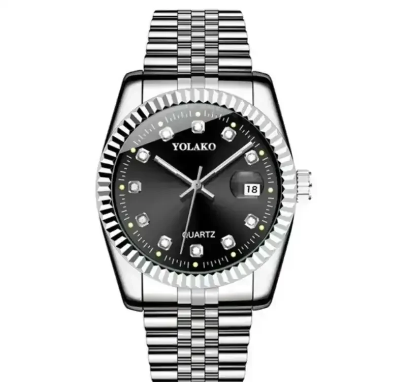 Reloj Yolako Pulso Acero Plateado Fondo Negro Piedras Internas 2