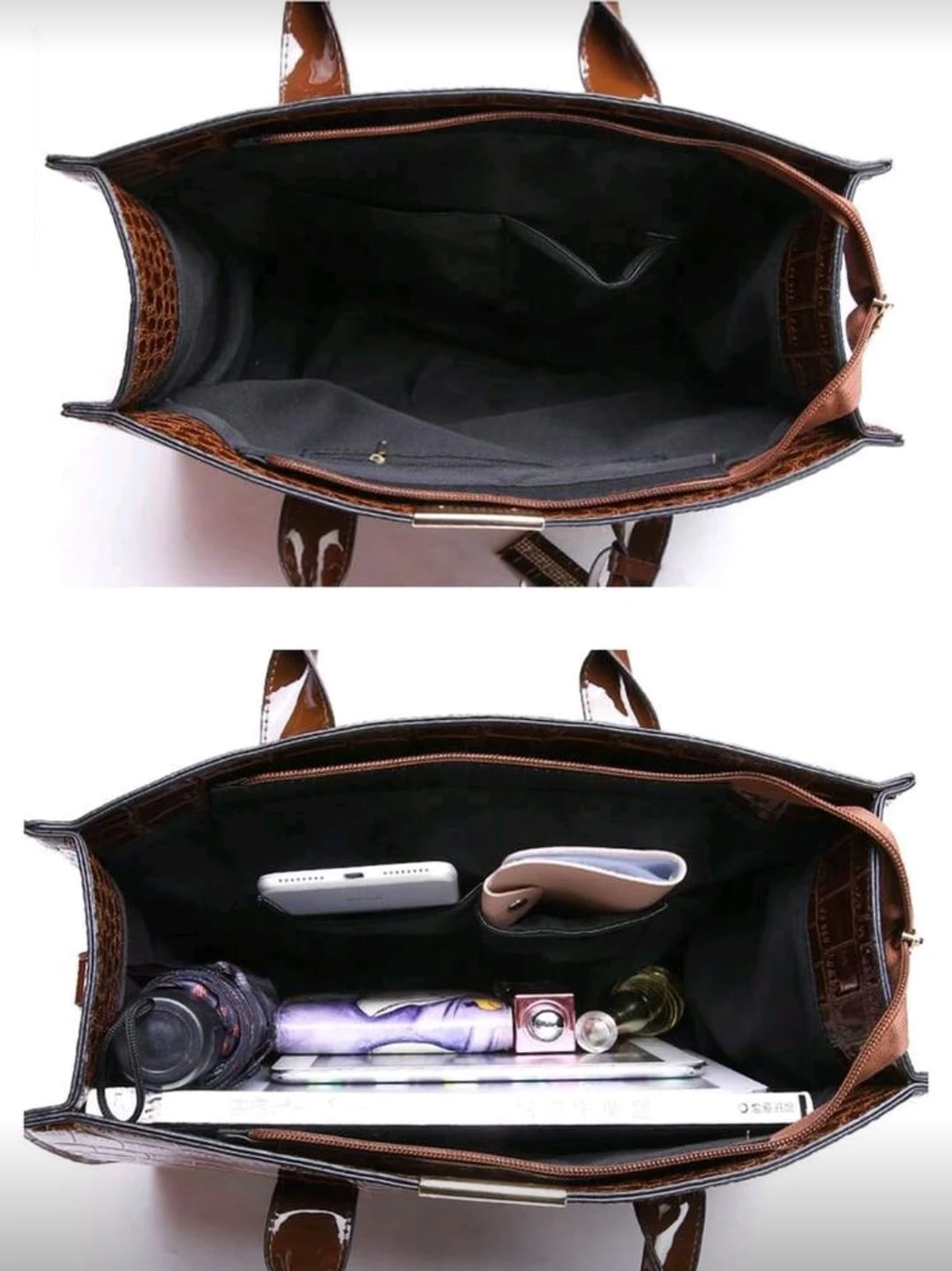 Bolso amplio elegante de piel sintética de cocodrilo café 2