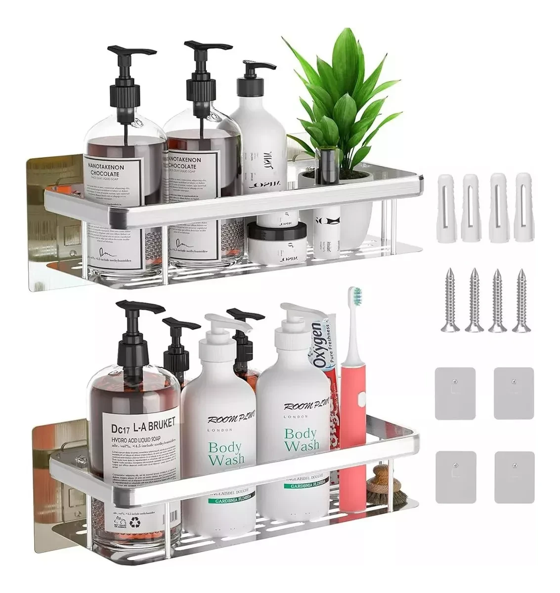 Set X2 Repisas Baño Adhesivo Organizador De Ducha Color PLATA
