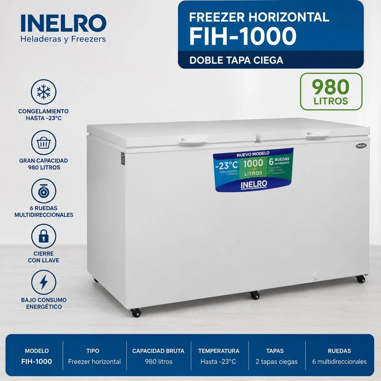 FREEZER HORIZONTAL INELRO FIH-1000 980LTS DOBLE TAPA CIEGA