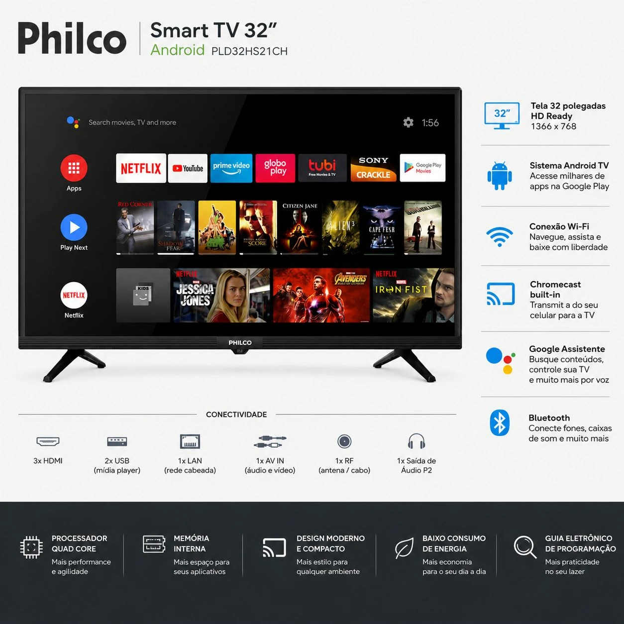 SMART TV PHILCO 32" C/GOOGLE TV 