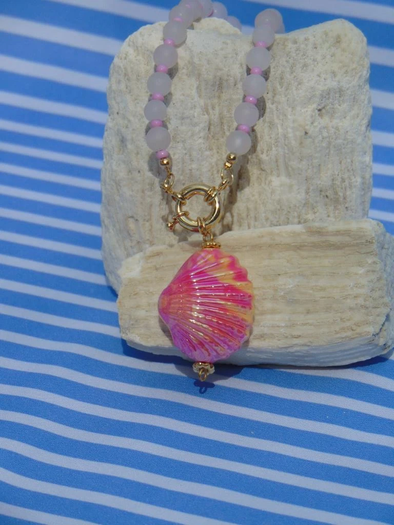 CHOKER ACERO DOR CUARZO ROSA REDON DIJE CONCHA TORNAZOL BROCHE MARINERO 3