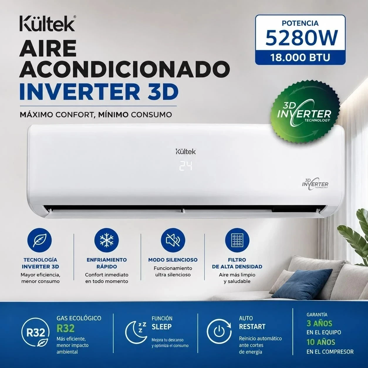 AIRE ACONDICIONADO KÜLTEK 5280W INVERTER FRÍO/CALOR KÜLTEKINV