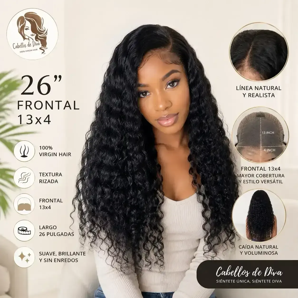 Peluca cabello humano kinky, 12A de 26 pulgadas, frontal lace 13x4 , densidas 180% 