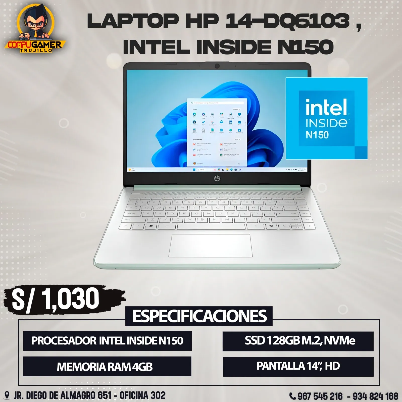 LAPTOP HP 14-DQ6103 INTEL INSIDE N150, RA 4GB, SSD 128GB, 14" HD