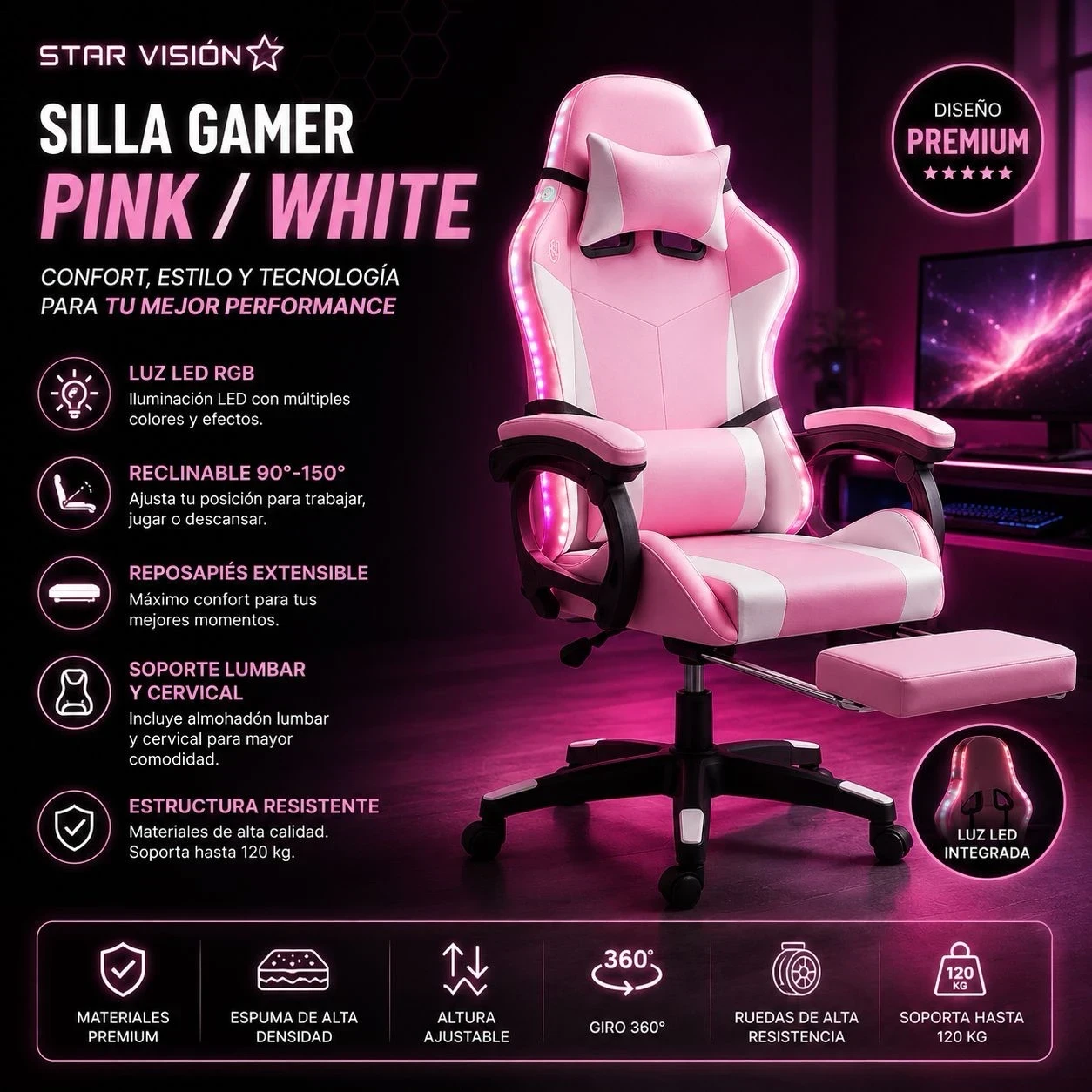 Silla Gamer Star Vision negro rosa, con luz led, ergonómica 