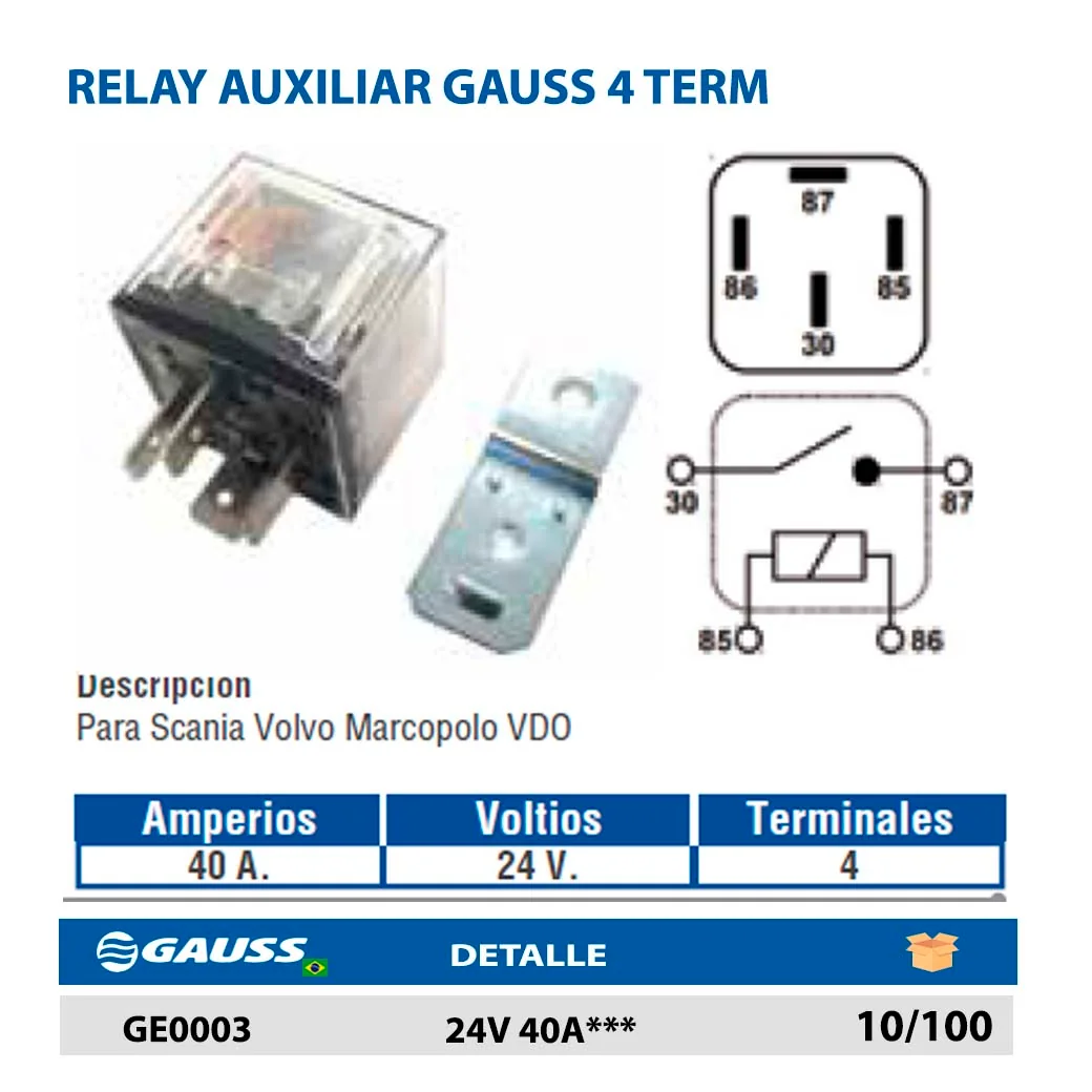 RELAY AUXILIAR GAUSS 4 TERM 24V 40A***