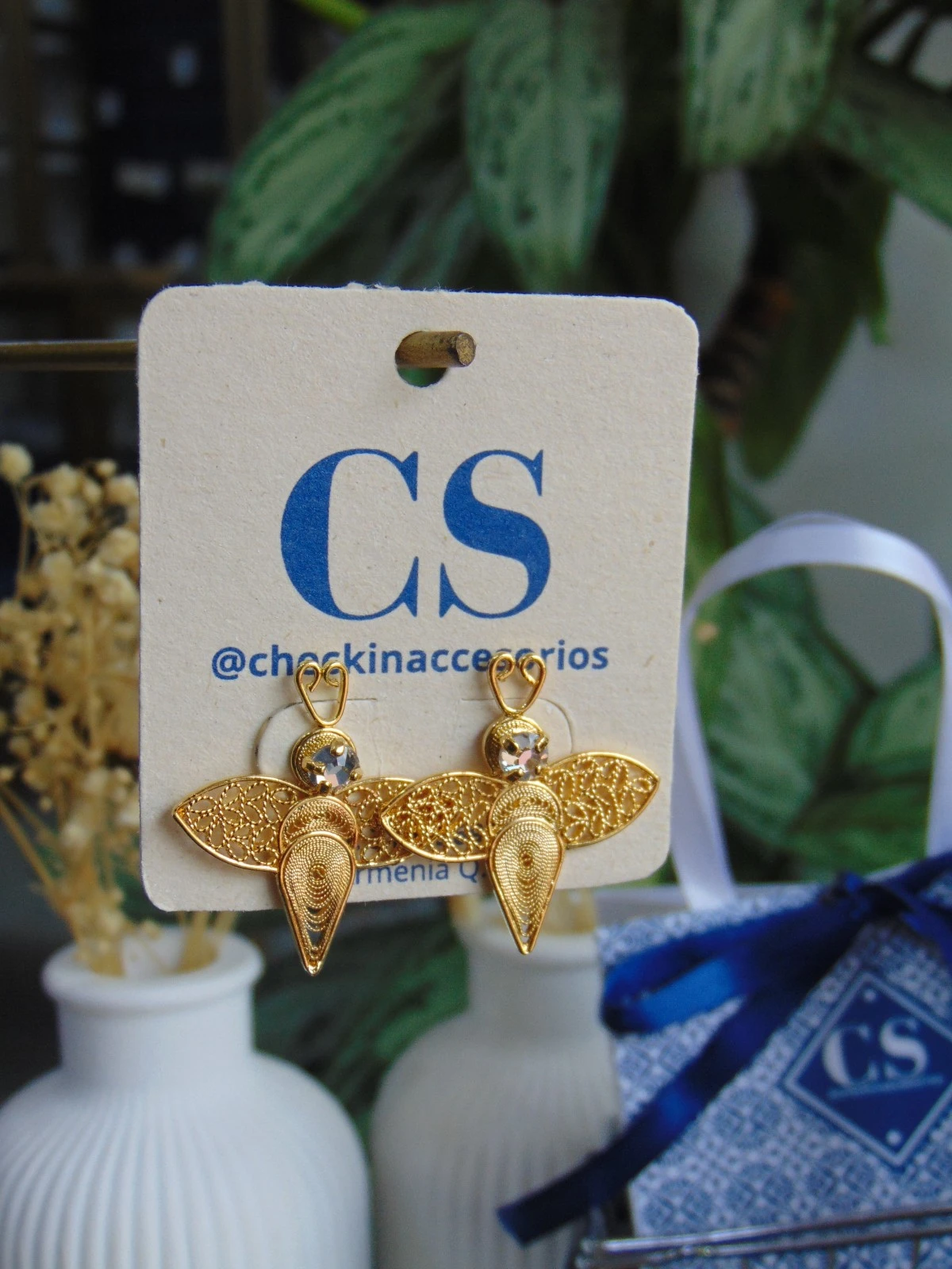 ARETE BAÑO DE ORO 24K LIBELULA FILIGRANA
