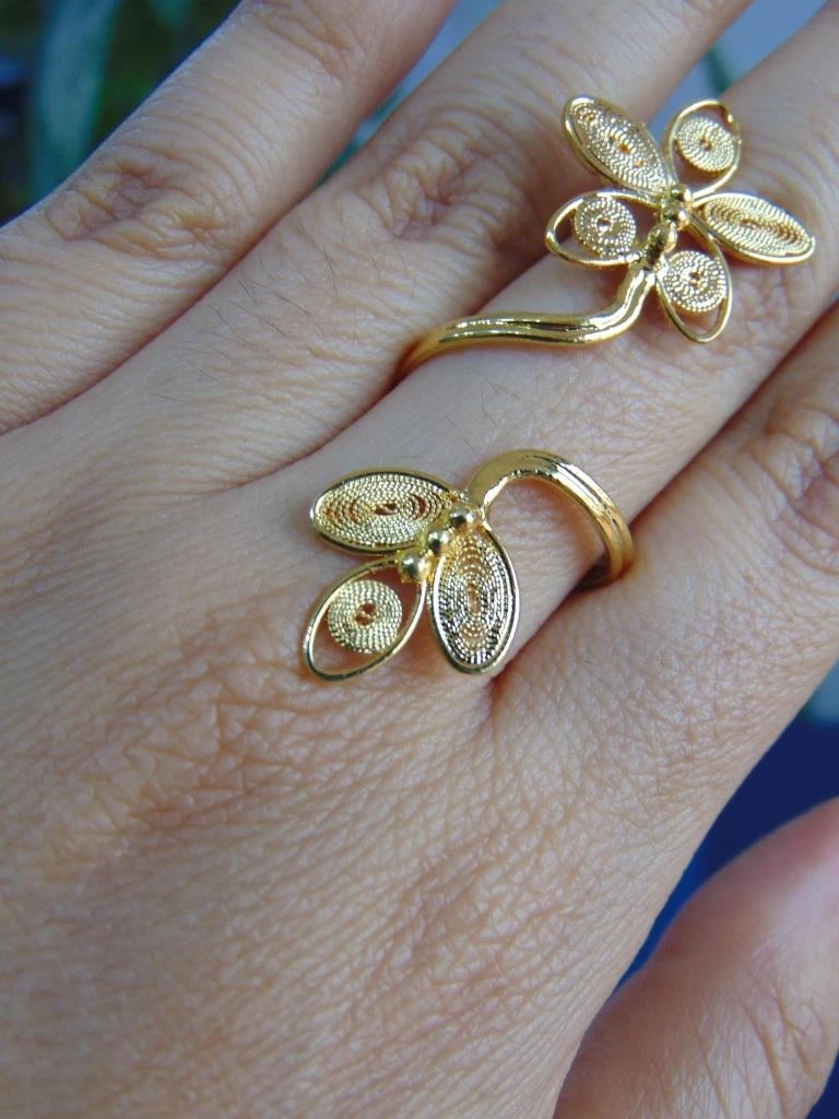 ANILLO BAÑO DE ORO 24K FILIGRANA 2 FLORES LARGO 2