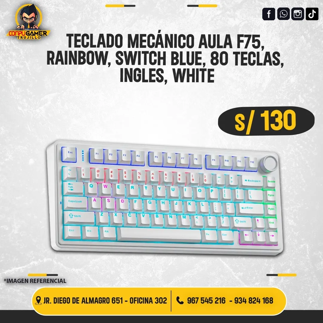 TECLADO MECÁNICO AULA F75, RAINBOW, SWITCH BLUE, 80 TECLAS, INGLÉS, WHITE 