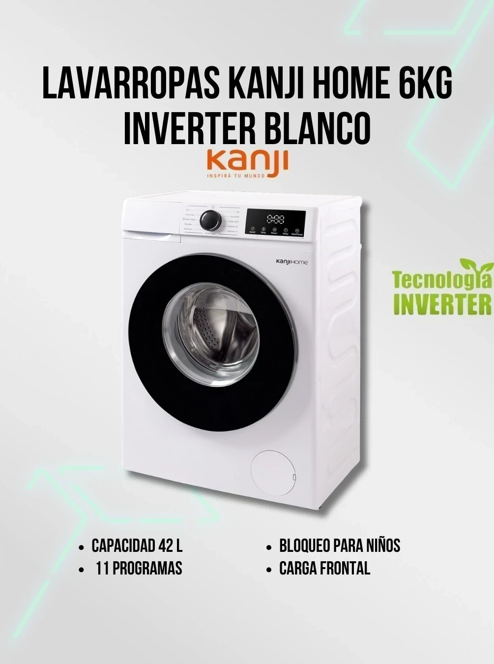 Lavarropa Kanji Home 6kg Inverter  Blanco