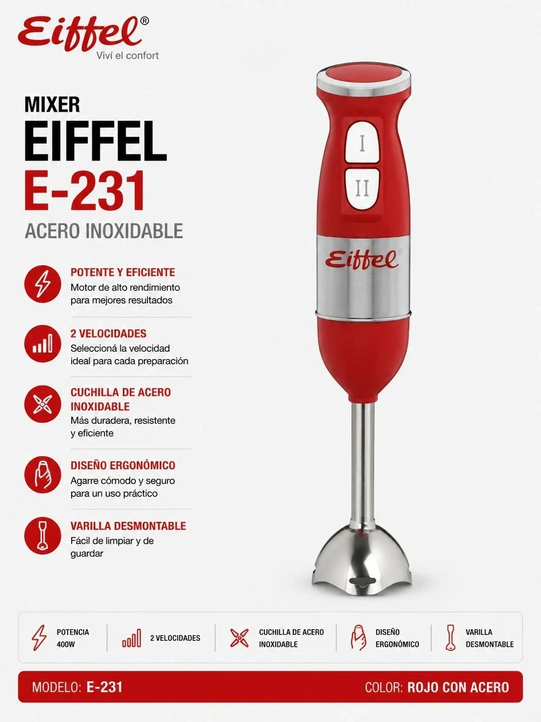 MIXER EIFFEL E-231 ACERO INOXIDABLE*Rojo