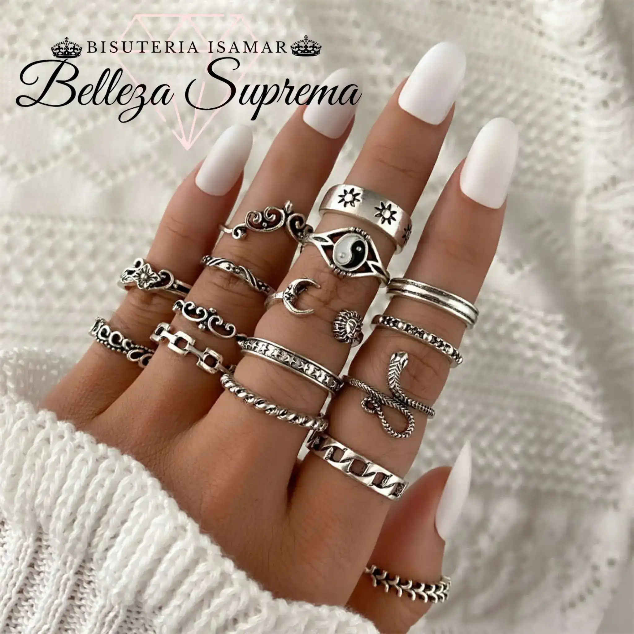 SET DE 16 ANILLOS PLATA QUEMADA