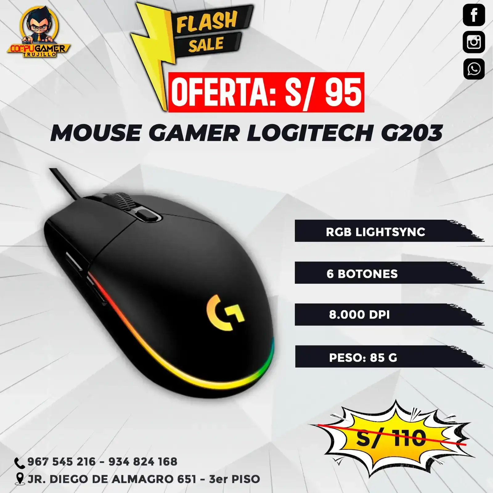 MOUSE GAMER LOGITECH G203 RGB LIGHTSYNC BLACK