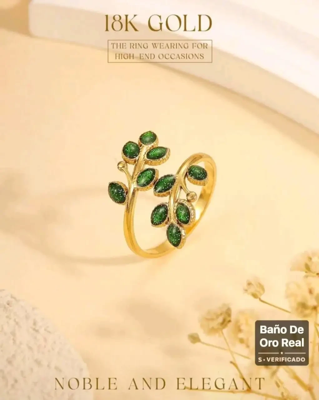 Anillo ajustable/ Hoja 🌿 de esmeraldas con baño de oro 18K