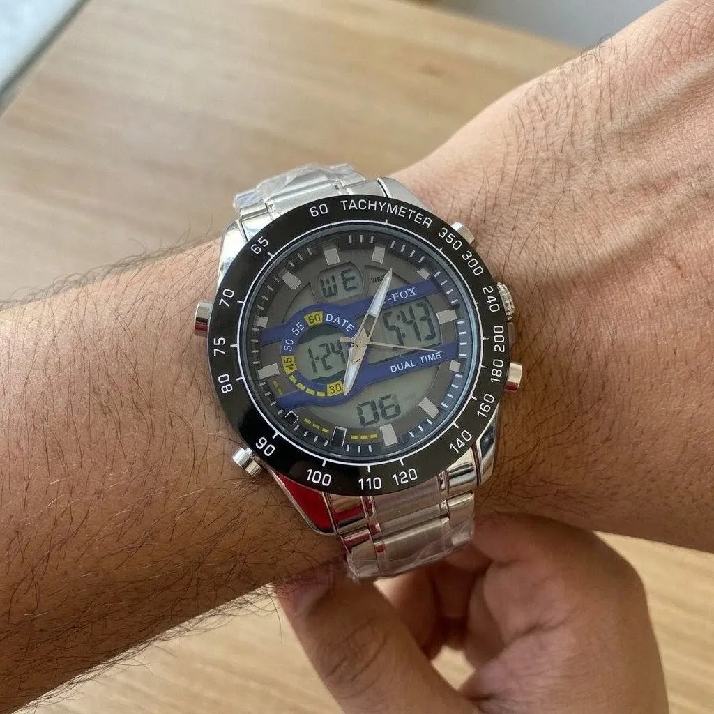 Reloj G Fox Original Acero Doble Hora 2106 Resistente Al Agua Plateado Fondo Gris Detalles Azules 2