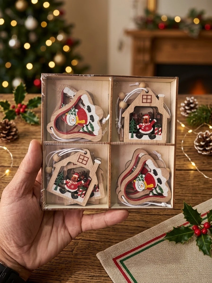 set de 12 Colgantes navideños de madera artesanal  5.5 cm  4