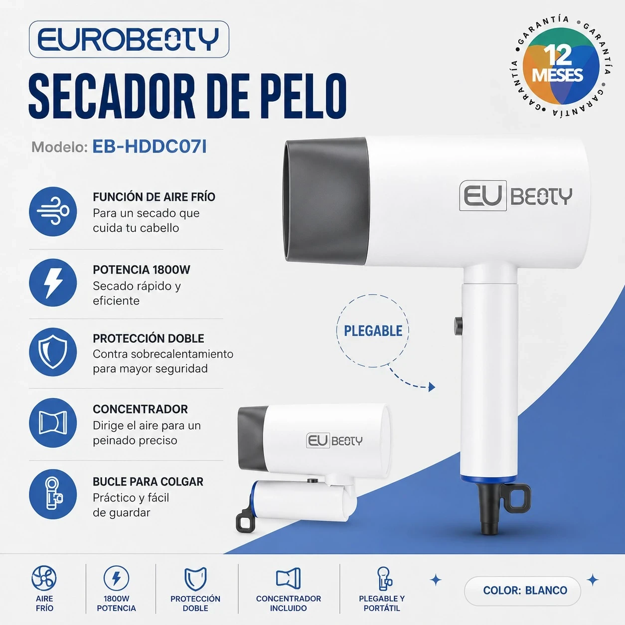 SECADOR DE PELO EUROBEAUTY EB-HDDC03I - BLANCO