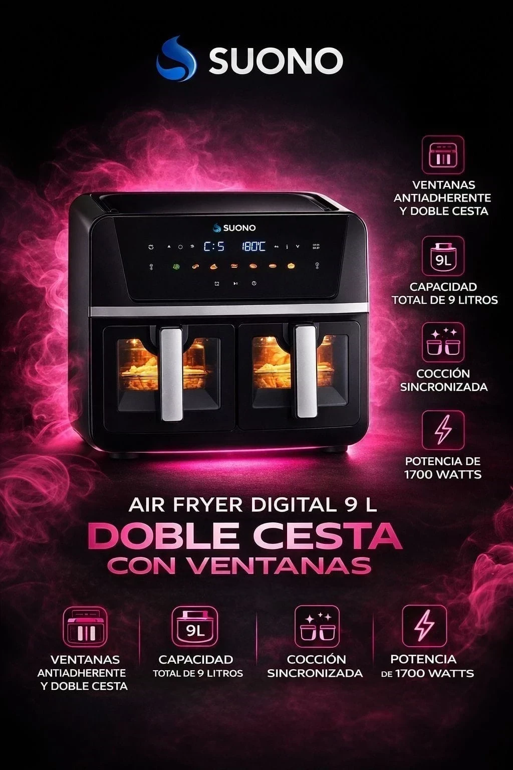 Freidora De Aire SUONO Digital Doble Ventana 9 Lts 1700 W Suono C