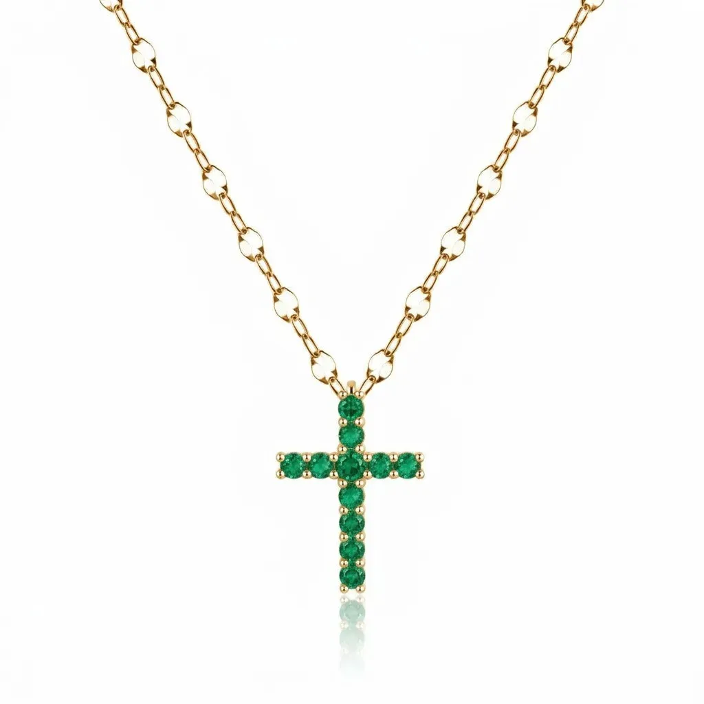 Cadena Y Dije En Acero Con Piedra Circon De Cruz Pequeña Verde