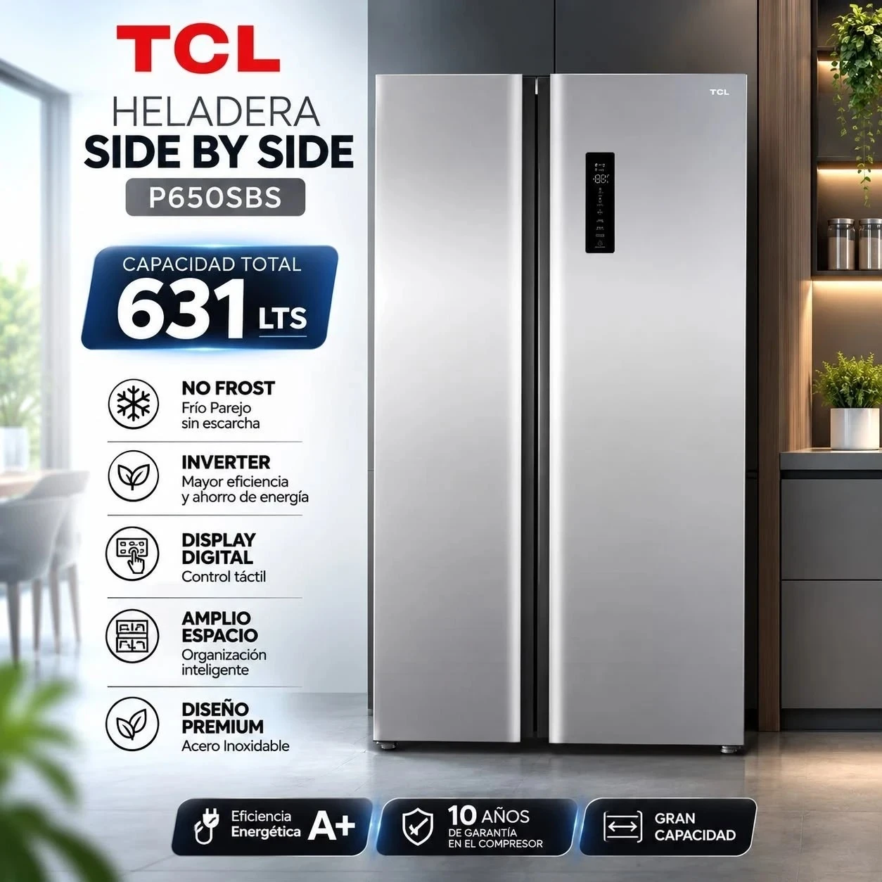 HELADERA SIDE BY SIDE TCL P650SBS 631 LTS INOXIDABLE